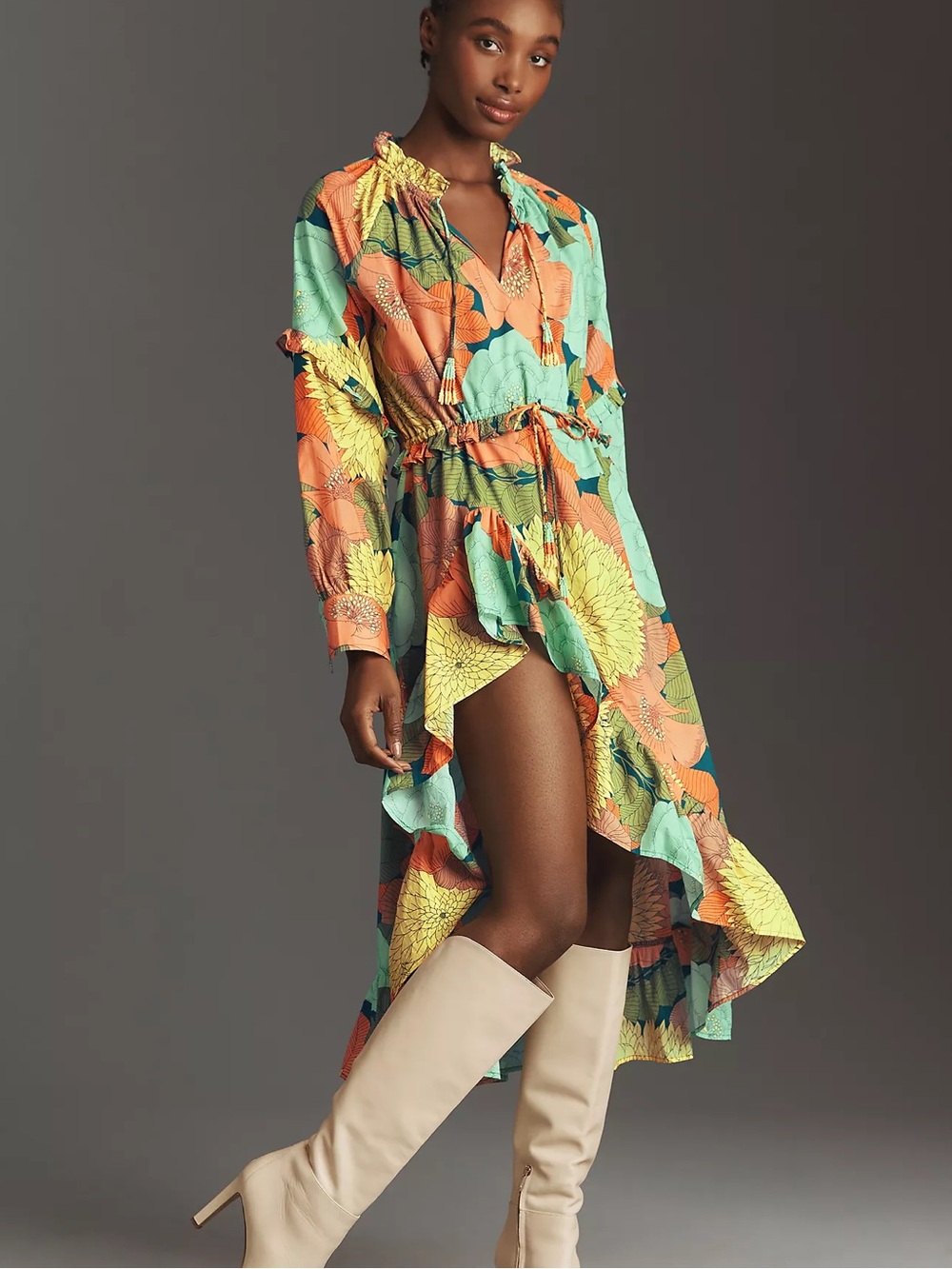 Farm Rio Long-Sleeve Floral Midi Dress